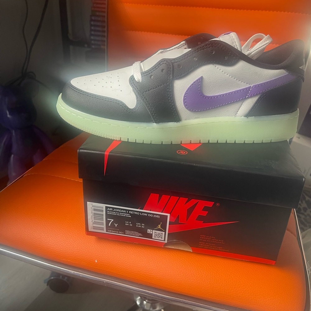 Nike Air Jordan 1 Low - White, Black & Purple (Raspberry) with Glow Sole